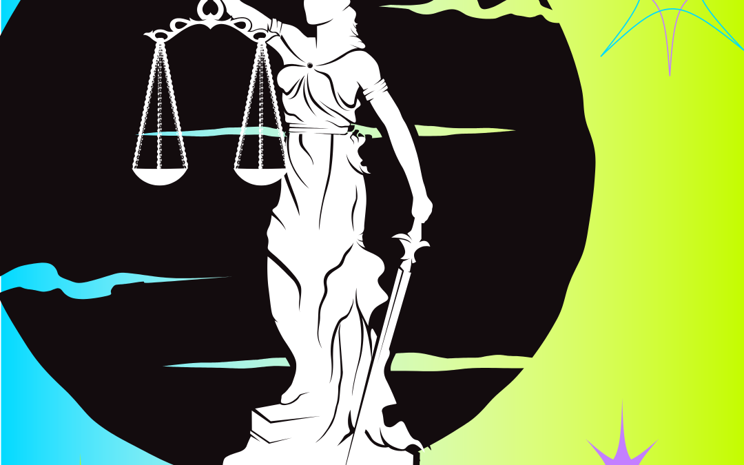 blind justice clipart on green and blue neon background with atomic stars