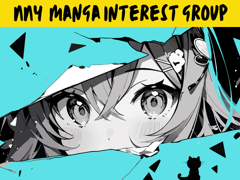 Image of manga character's eyes peeking out between turquoise ripped pages