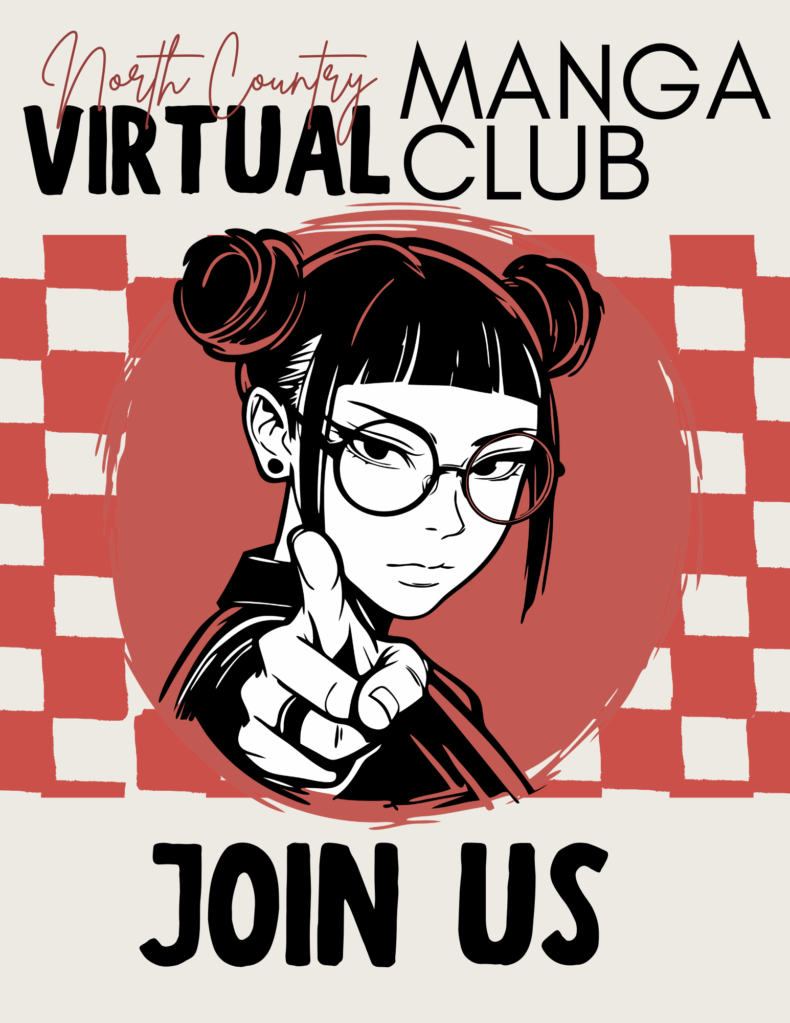 Image of young girl with glasses pointing at viewer, drawn in anime style, reading North Country Virtual Manga Book Club, Join Us
