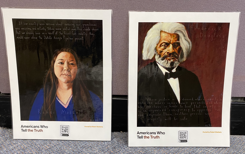 AWTT_small A photo of Frederick Douglass to the right of a photo of Kandi Mossett, two prints that are part of the Americans Who Tell the Truth Exhibit