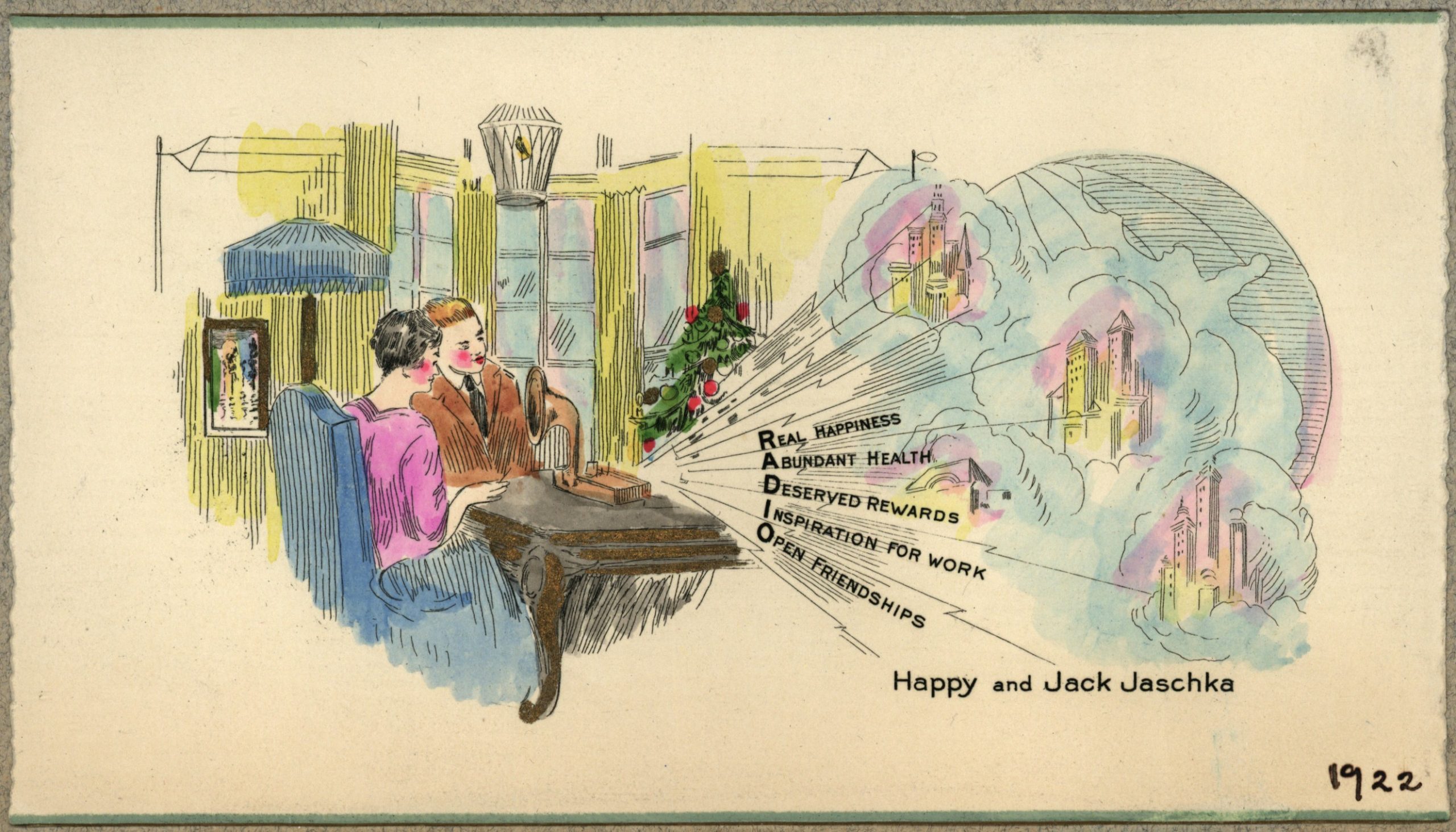 Christmas Card depicting people [the Jack Jaschka family] as early adopters of the new radio broadcasting technology, using it to beam their Christmas wishes out to the world.